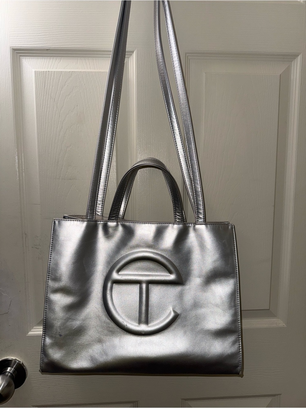 Metallic Silver Telfar Tote Bag with Embossed Logo